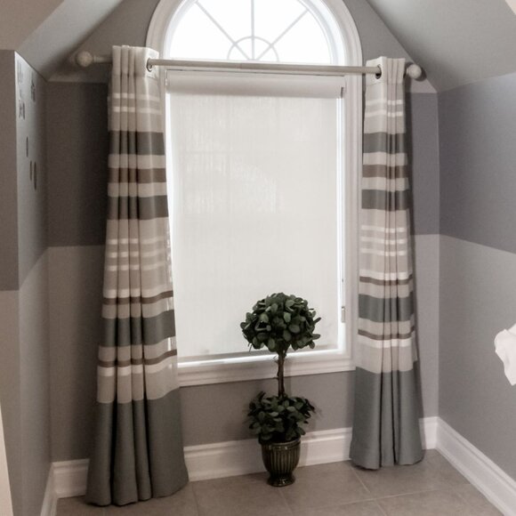 Two tan teal white cream striped 8 bronze grommet short drapes 50x67" - Picture 8 of 8